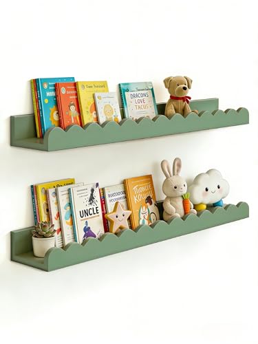 Image of icnjdMopclean Nursery Book Shelves 20Inches, Scalloped Floating Shelves for Bedroom Kids, Nursery Shelves for Wall 2 Pack, Scalloped Shelf for Toddler Room, Baby Room, Sage, Large