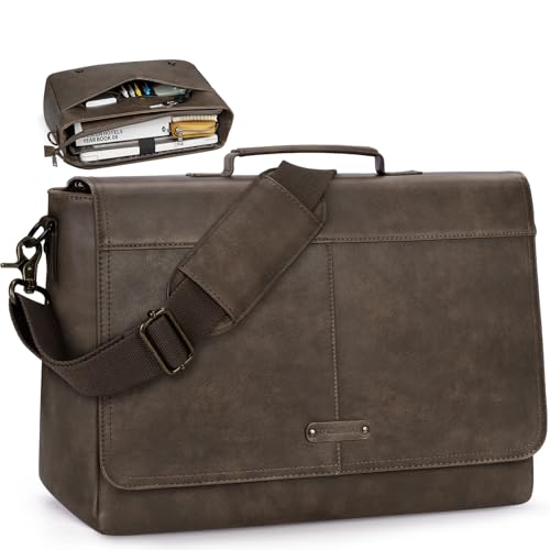 RAINSMORE Vintage Flap Messenger Bag for Men PU Vegan Leather Laptop Bag 15.6 Inch Waterproof Mens Briefcase Retro Computer Bag for Work College Office Travel Satchel Bag Men Wood
