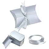 Aokbean 100 Pack Mini Pillow Candy Box Small Gift Boxes with 50 Yards Ribbon for Christmas Wedding Party Favor Gift, Jewelry or Soap Packaging (Pure Silver)