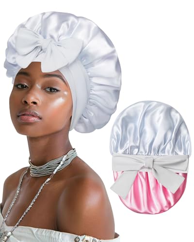 Satin Bonnet for Women Silk Bonnets for Sleeping Curly Hair Bonnet with Elastic Tie Band Reversible Double Layer Sleep Cap Hair Wrap (Pink + Grey)