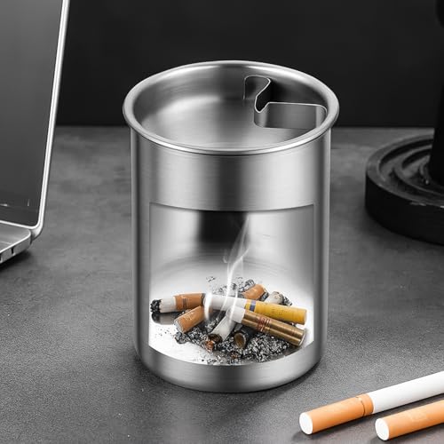 Image of NYRWANA Stainless Steel Windproof Ashtray with Lid | Rustproof, Easy-to-Clean Ash Holder for Smokers | Elegant Indoor Outdoor Ash Tray for Patio, Home, Office, Bar & Garden Use (Silver)