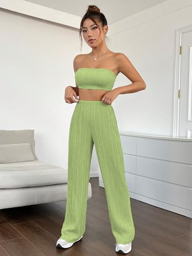 Image of Shasmi Women's 3-Piece Co-ord Set - Solid Button Front Shirt, Strapless Tube Top & Wide Leg Pants | Casual Loose Fit Western Outfit for Daily Spring /Fall Wear (Co-Ord-208)