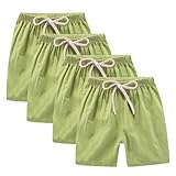 Zzalalana 4 Pack Girls Cotton Linen Shorts Casual Summer Beach Shorts Kids Elastic Waist Athletic Shorts with Pockets Green