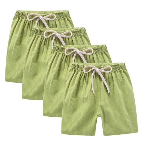 Zzalalana 4 Pack Girls Cotton Linen Shorts Casual Summer Beach Shorts Kids Elastic Waist Athletic Shorts with Pockets Green