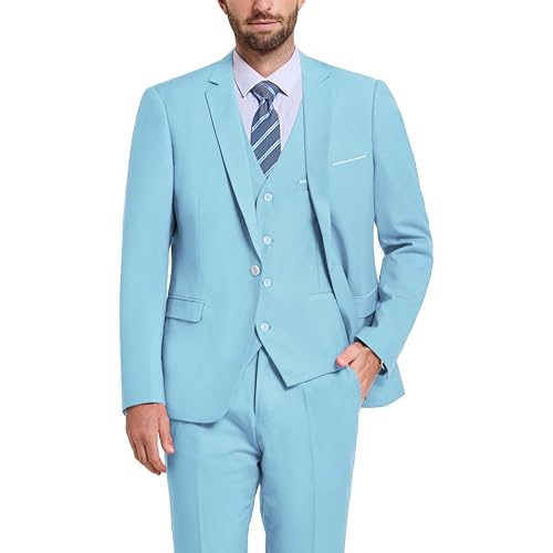 Hihawk Traje de 3 Piezas para Hombre con Tela elástica, Color sólido, Ajustado, Conjunto de Blazer de un botón, Chaqueta Chaleco Pantalones con Corbata., Azul-Cielo, Small