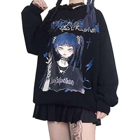 WINKEEY Women Kawaii Gothic Hoodie Japanese Anime Print Y2K Hooded Sweatshirt Cute Harajuku Pattern Long Sleeve Pullover, Blue, Medium Cover