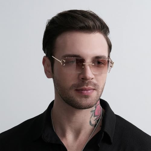 Retro Rimless Rectangle Sunglasses for Men Women Luxury Frameless Square Trendy Shade Diamond Cutting Eyewear3