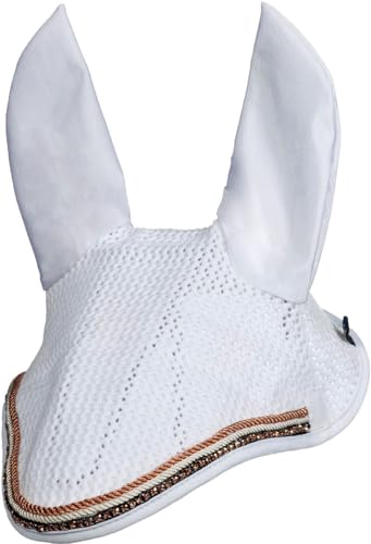 Bonnet anti mouches haut de gamme HKM Rosegold Glamour Style Blanc et Or Rose pour poney