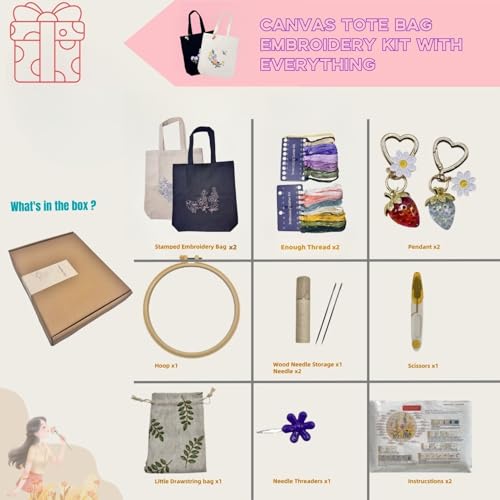 Image of Speedura Embroidery Kit for Beginners - Dual Canvas Tote Bags with Floral Cross Stitch Patterns | Complete Needlepoint Set Includes Hoops, Threads & Step-by-Step Video Tutorial (Beige & Black Set)