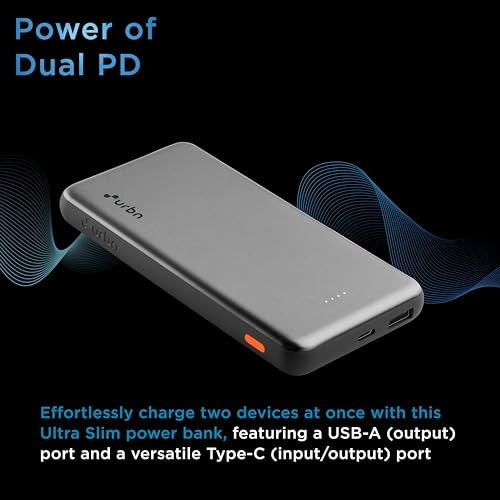 Image of URBN Power Bank 10,000mAh Ultra Slim 12W|Dual Port Type C Micro USB Input /Output|BIS Certified|4-Layer Circuit Protection|6-Month Replacement Warranty|Made in India|Free Type C Cable - Grey