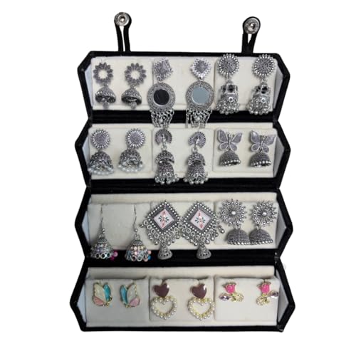 Image of Oxidised Jhumki & Earring Gift Hamper (12 Pairs) with Folder-Style Jewellery Organizer Box | Traditional & Trendy Earrings Combo Set for Women & Girls | Festive & Occasion Gifting