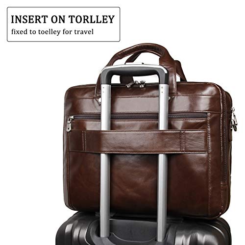 Augus Genuine Leather Mens Briefcase businessTravel Bags 15.6 Inch Laptop Bag YKK Zipper, Coffee