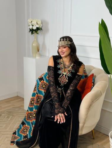 Robe Kabyle traditionnelle velours noir manches dentelle - 3