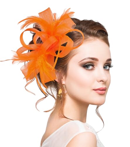 Markest Womens Fascinators Tea Party Headpiece Feather Headwear for Derby Hat 20s Party Accessory Cocktail Wedding HA9214-Orange