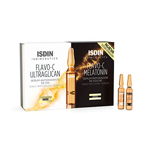 ISDIN Isdinceutics Flavo-C Ultraglican + Flavo-C Melatonin, Sérums Faciales Antioxidantes con Vitamina C que Iluminan la Piel, 20 ampollas