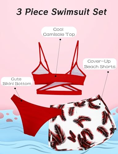 Happy Cherry Girls 3 Piece Swimsuit Set Cute Criss Cross Bikini with Tropical Print Shorts Bathing Suit 8-14 Years4