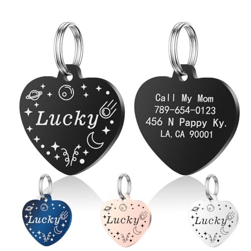 HollowHeart-2: Personalized Dog & Cat Tags, Stainless Steel, Engraved Both Sides, Bone, Round, Heart, Bow Tie