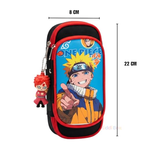 Image of KiddiBox One Piece Anime Pencil Case - Double Zipper Pouch with Anime Character Charm & Keychain for Students (Black Red)
