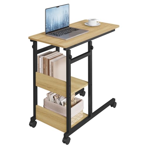WOLTU Beistelltisch Couchtisch Sofatisch Wohnzimmertisch Laptoptisch Betttisch, C-förmig höhenverstellbar, mit Rollen, aus Metall Holzwerkstoff, helle Eiche + Schwar, BTS08hei