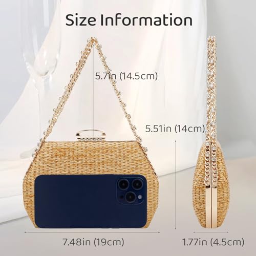 Image of Comeon Straw Clutch Bags for Women Evening Handbag with Rhinestone Handle Hand-Woven Summer Beach Bag Party Formal Purse