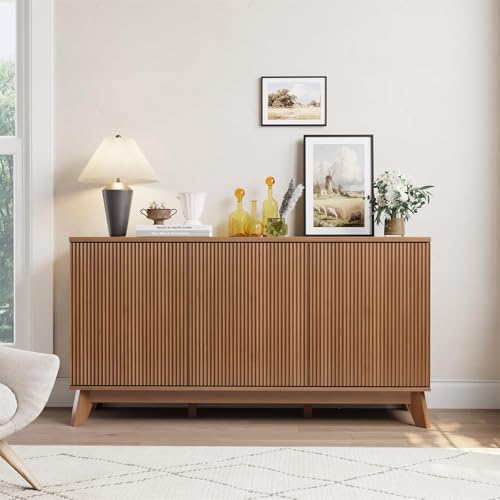 IDEALHOUSE 58" Fluted Sideboard Buffet Cabinet with 3 Doors & Adjustable Shelves – Farmhouse Curved Wood Console Table, Coffee Bar Storage Cabinet Cupboard for Dining & Living Room by IDEALHOUSE - Image 2