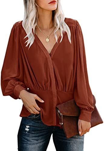 Women V Neck Blouse Ruffle Chiffon Long Sleeve High Waisted Shirts Tops Brick Red