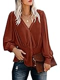 Women V Neck Blouse Ruffle Chiffon Long Sleeve High Waisted Shirts Tops Brick Red