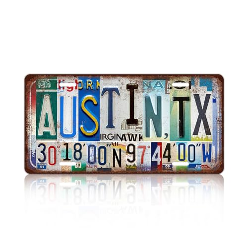 Vintage City License Plate Austin,Tx Wall Decor Metal Tin Sign for Bar Home Bedroom 12 x 6 Inches （Including latitude and longitude）