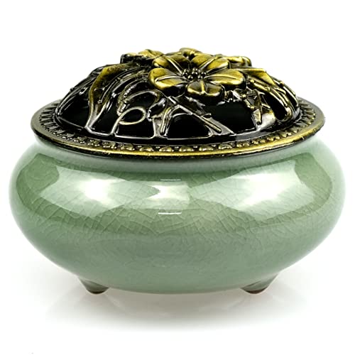 Keramik-Räuchergefäß, Porzellan Räucherschale, Asiatisch Räuchergefäß mit Deckel, Rund Chinesisch Porzellan für die Verwendung mit Harz-Granulat-Pulver-Kegel oder Spule Weihrauch, Grün Cover