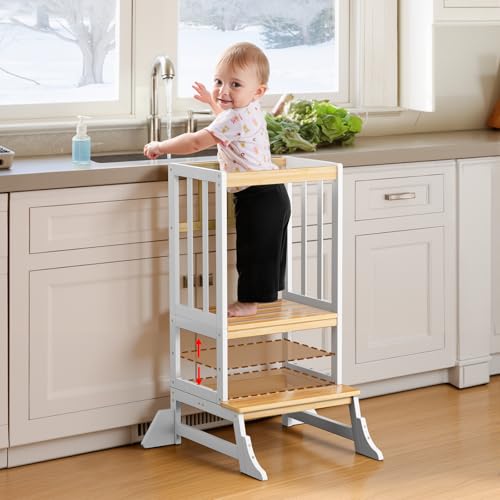 COSYLAND Height-Adjustable Toddler Standing Tower Stable Kitchen Standing Stool with Reinforced Base Lightweight Portable Standing Helper for Kitchen and Home Use (White & Natural)
