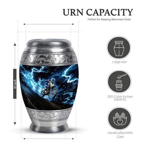 Image of Blue Motorcycle Urns for Ashes - Combo of 5 with 10 Inch Large Capacity Burial Urn for Adult Female, Mother & Male and 3 Inch Mini Keepsake Biker Urns for Dad, Mom & Men - Decorative Cremation