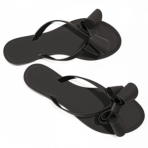 Image of TYFLOVE Women Rivet Flip Flops Studded Jelly Thong Sandals with Bow Summer Bowtie Flat Beach Rain Shoes