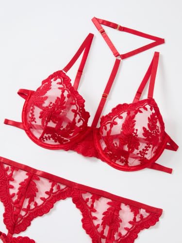 Image of Lilosy Sexy Choker Floral Lace Scallop Sheer Underwire Push Up Garter Belt Lingerie Set 3 Piece