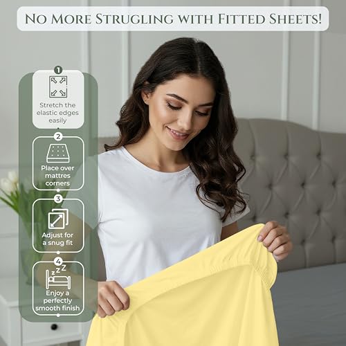 Image of Royale Linens 100% Organic Cotton Queen Fitted Sheet Only - Percale Weave - Super Soft Deep Pocket Bottom Sheets - Yellow Elastic Sheet - Queen Size Fitted Sheets Only - (60 inchx80 inch+15 inch, Yellow)