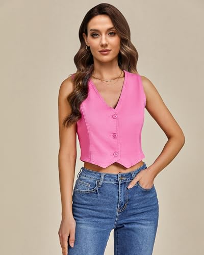 LookbookStore Denim Vest for Women Trendy Sleeveless Cropped Stretchy Jean Vests Top Summer Casual Button Wasitcoat Tops2