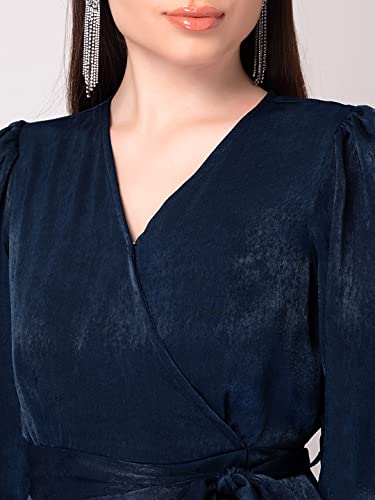 Image of FabAlley Women's Navy Satin Wrap Midi Dress with Self Fabric Belt