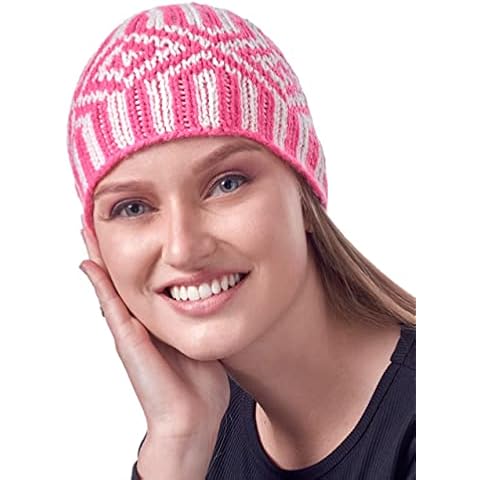 INTI ALPACA Women’s Pink and White Alpaca Beanie Hat- Bicolor Hand Knitted in Alpaca Wool - Winter Headwear Skull Hat, Pink and White, One Size Cover