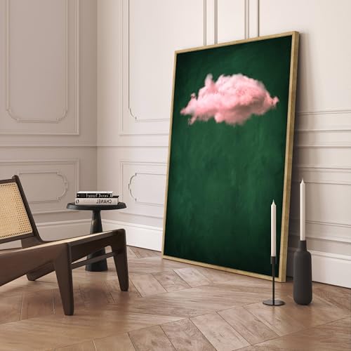 Tableau sur toile nuages vert émeraude et roses grand format 50x70 cm