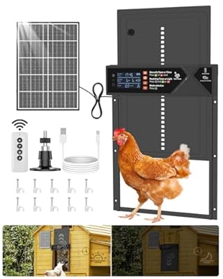 Large Automatic Chicken Coop Door, 4000mAh High Capacity Chicken Coop Door 7W Solar Powered with Timer & Light Sensor, Anti-Pinch Auto-Aluminum Chicken Door with Wire Clip & Remote Control-Black