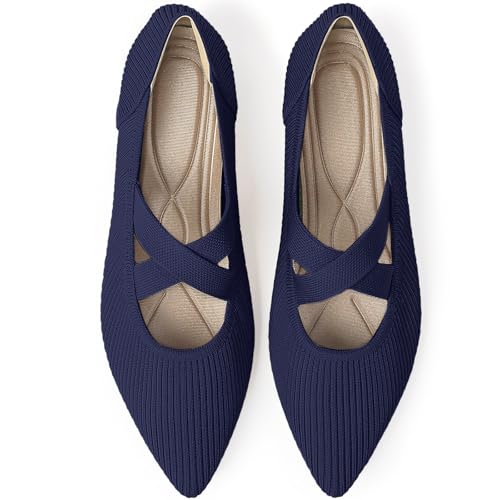 Image of TINGRISE Womens Mary Jane Flats Knit Ballet Flats for Women Pointed Toe Dressy Comfortable Slip-On Flats Shoes for Work Casual
