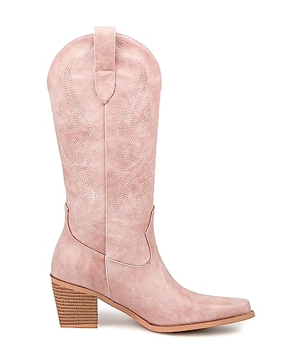 Image of Pasuot Cowboy Boots for Women - Cowgirl Western Mid Calf Boots with Embroidery, Pointed Toe Retro Chunky Heel Slip On Fashion Classic Short Boots Pull On for Ladies Summer Fall