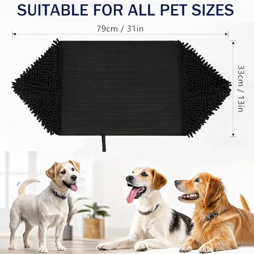 Image of OLANLY Chenille Dog Bath Towel 31x13, Ultra Absorbent Quick Dry Pet Towel, Extra Soft Washable Plush Towel for Large Dogs & Puppies, Indoor Outdoor Use, Black