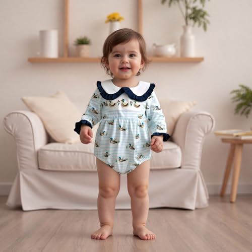 Newborn Girl Fall Outfit Mallard Duck Baby Farm Long Sleeve Doll Collar Romper Stripe Bodysuit 0-18 Months Clothes2