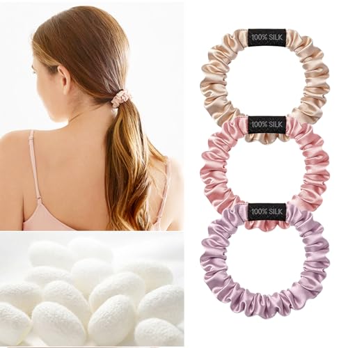 Image of THXSILK 100% Mulberry Silk Small Scrunchies 3-Pack, 25 Momme Low Profile Hair Ties for Fine Hair, Sleek No Damage Ponytail Holders for Everyday Use(Beige, Pink, Light Purple)