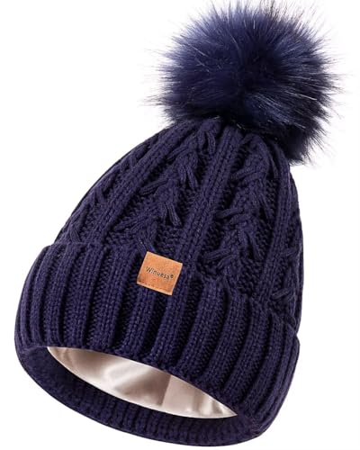 Winuesa Satin Lined Beanie for Women with Pom Pom, Fashionable Womens Winter Hats Silk Beanies, Cute Warm Knit Hat Skull Cap(Navy)