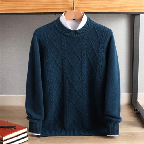 Men 100% Solid Wool Cold Blouse Breathable Sweater Round Neck Plaid Pullover4