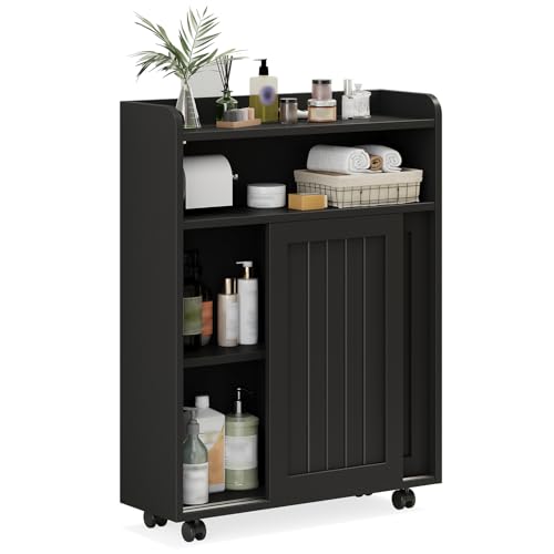 Halitaa Slim Bathroom Storage Cabinet, Slim Floor Cabinet with Sliding Doors, Small Cabinets with Toilet Paper Holder& Adjustable Shelves Next to Toilet for Small Spaces, Black