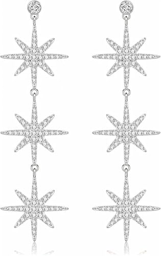 Blingsoul Gold 3 Star Earrings - Silver 3 Star Hexagonal Snowflakes Dangling Wedding Jewelry for Women Bride
