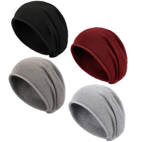 JenPen 4 Pcs Knit Slouchy Beanie Hats for Women, Soft Warm Knitted Hat Winter Stretchy Knitted Beanies Cap for Cold Weather Cancer (Black,Burgundy,Light Gray,and Dark Gray)
