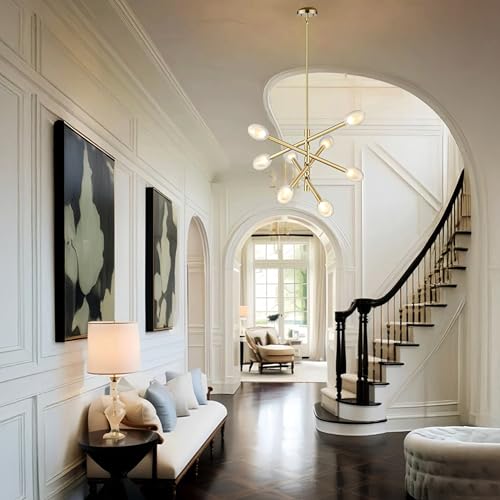 ocioc Gold Sputnik Chandelier 8-Light, Modern Glass Globe Light, Mid Century Ceiling Light Fixture Height Adjustable Hanging Pendant Lighting for Dining Room Kitchen Island Bedroom Office